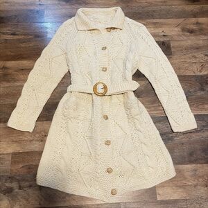 Vintage 1970s | Irish Aran Handmade Fisherman Chunky Knit Belted Cardigan